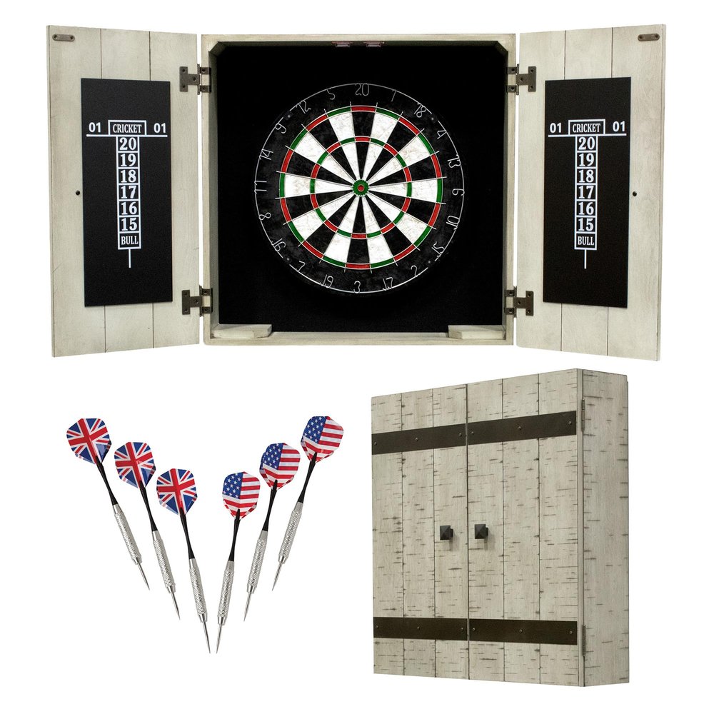 Hathaway Drifter 18-in Bristle Dart Board and Cabinet Set  Includes Self Healing Sisal Board, Removable Outer Ring, Chalk Scoreboards & Steel-Tip Darts - Complete Dart Accessories - Timberwood
