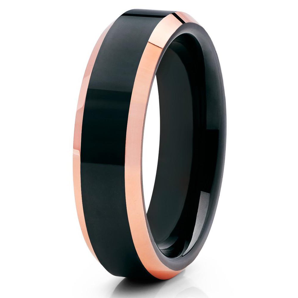6mm Polished Black Tungsten Carbide Ring Beveled Rose Gold Edge Unisex Band 7.5