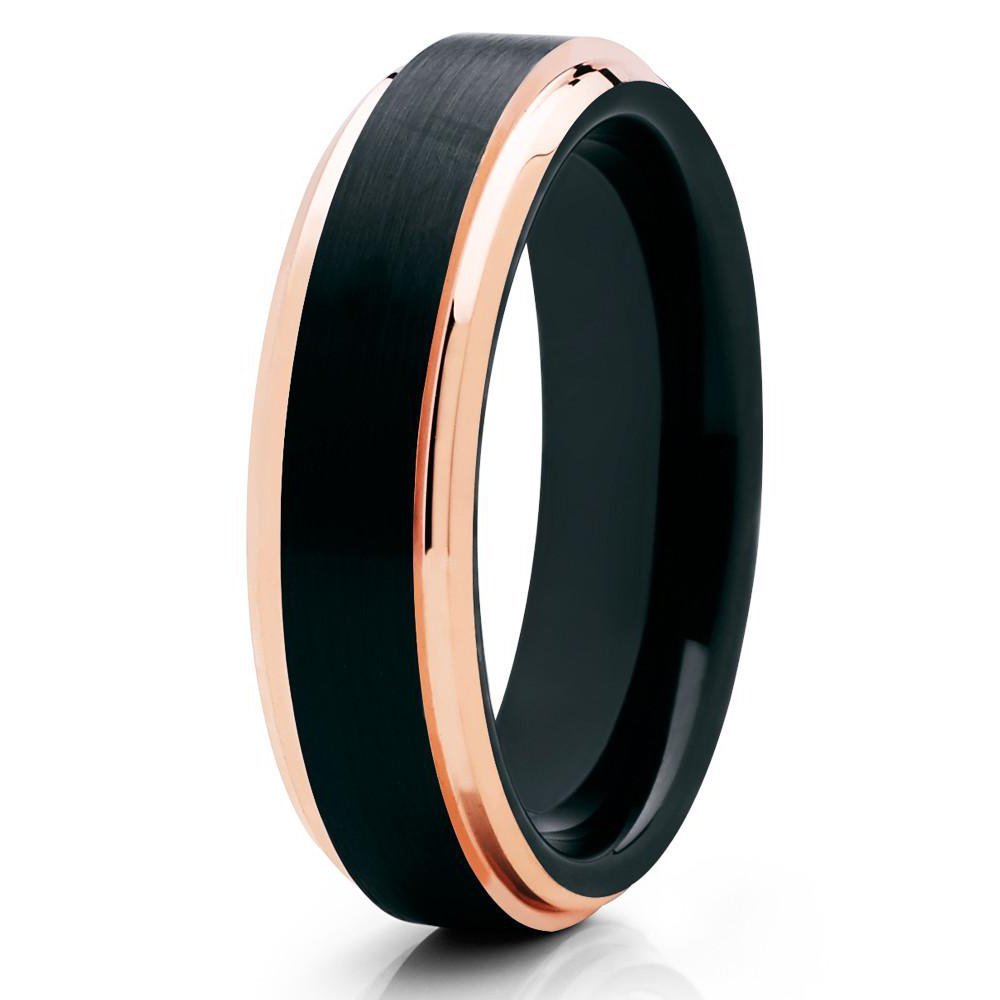 6mm Tungsten Carbide Wedding Ring Black Brushed Finish Rose Gold Stepped Edge Unisex Band 7.5