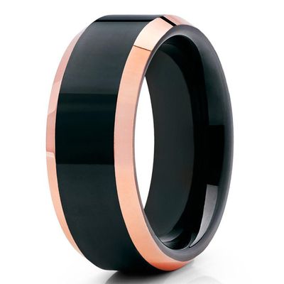 8mm Rose Gold Tungsten Carbide Wedding Band Polished Black Finish Beveled Edges Unisex Ring 8