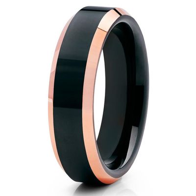6mm Polished Black Tungsten Carbide Ring Beveled Rose Gold Edge Unisex Band 6.5