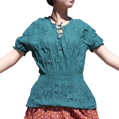 Full Funk Ladies Light Renaissance Handmaidens Shirt with Chest Ties, Small, Pine Green