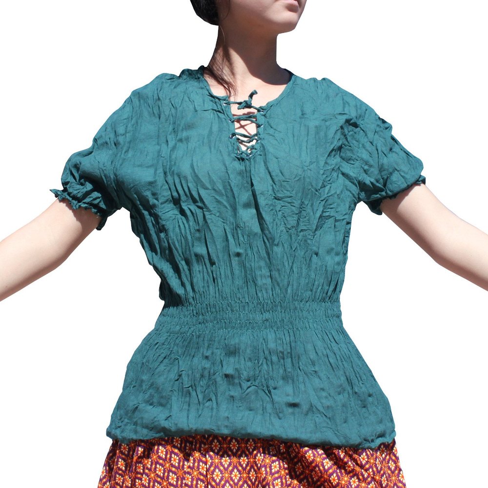 Full Funk Ladies Light Renaissance Handmaidens Shirt with Chest Ties, Small, Pine Green
