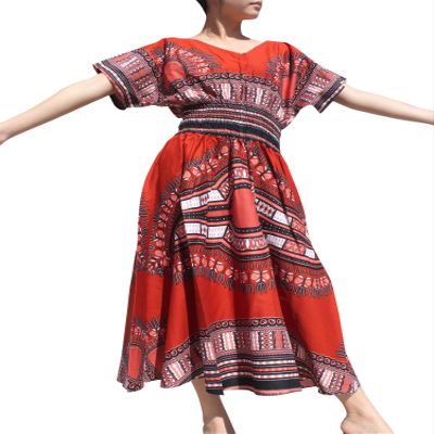 RaanPahMuang Strong Afrikan Mother Earth Dashiki Dress V Collar Smock Waist Colours, Medium, Brick Red