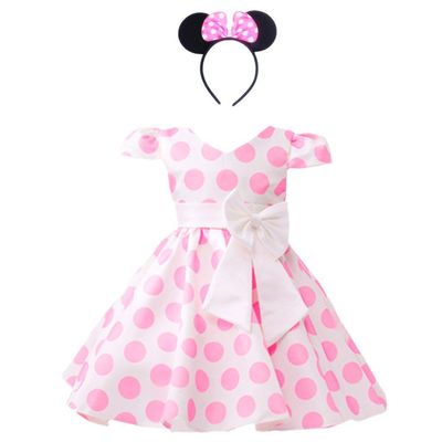 DreamHigh Girls Toddlers Polka Dot Skirt Cap Sleeves Flowers Girl Vintage Bow Dress with Headband Pink 2T
