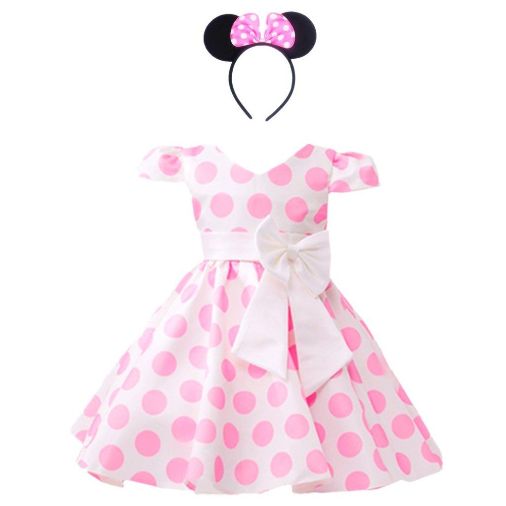 DreamHigh Girls Toddlers Polka Dot Skirt Cap Sleeves Flowers Girl Vintage Bow Dress with Headband Pink 2T