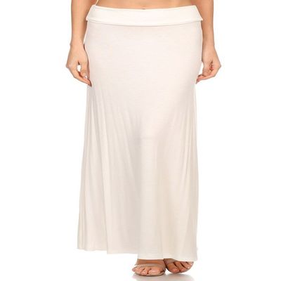 Women's Regular and Plus Size High Waisted and Fold Over Solid Long Maxi Skirt Made in USA (3XL, Ivory)