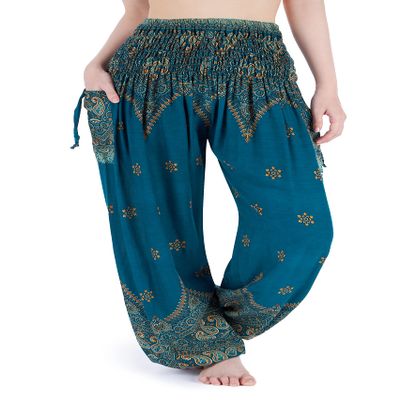 Lannaclothesdesign Harem Pants Women High Waist Bohemian Yoga Pants with Pockets - Boho Hippie Clothes (XL, Teal Peacock Flower)
