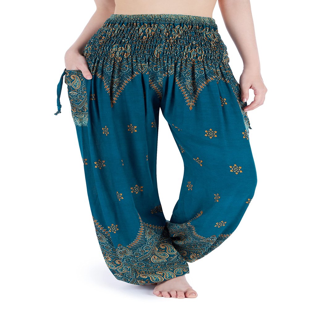 Lannaclothesdesign Harem Pants Women High Waist Bohemian Yoga Pants with Pockets - Boho Hippie Clothes (XL, Teal Peacock Flower)