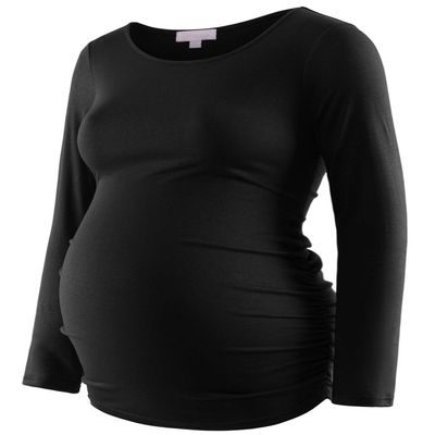 Bhome Maternity Shirt Long Sleeve Basic Top Ruch Sides Bodycon Tshirt for Pregnant Women Black M