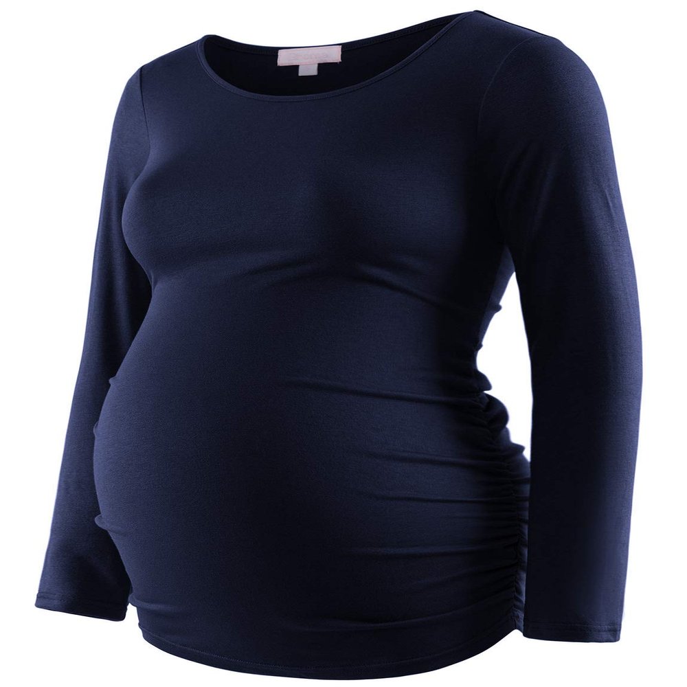 Bhome Maternity Shirt Long Sleeve Basic Top Ruch Sides Bodycon Tshirt for Pregnant Women Navy Blue L