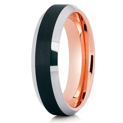 6mm Rose Gold Tungsten Carbide Wedding Ring Black Brushed Finish Silver Polished Edge Unisex Band 7.5