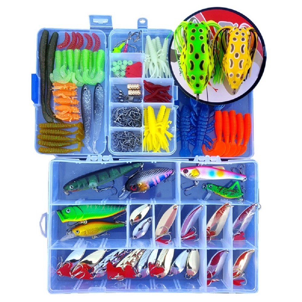 Lyu Bao 270 PCS Fishing Lures Kit Set for Bass Trout Salmon Saltwater Freshwater Including Spoon Lures Soft Hard Plastic Worms CrankBait Jigs Topwater Frog Lures with Free Tackle Box