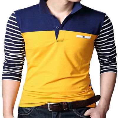 sandbank Mens Casual Polo Shirt Striped Long Sleeve Color Block T Shirts Tee(US M=Asian tag XL, Yellow)