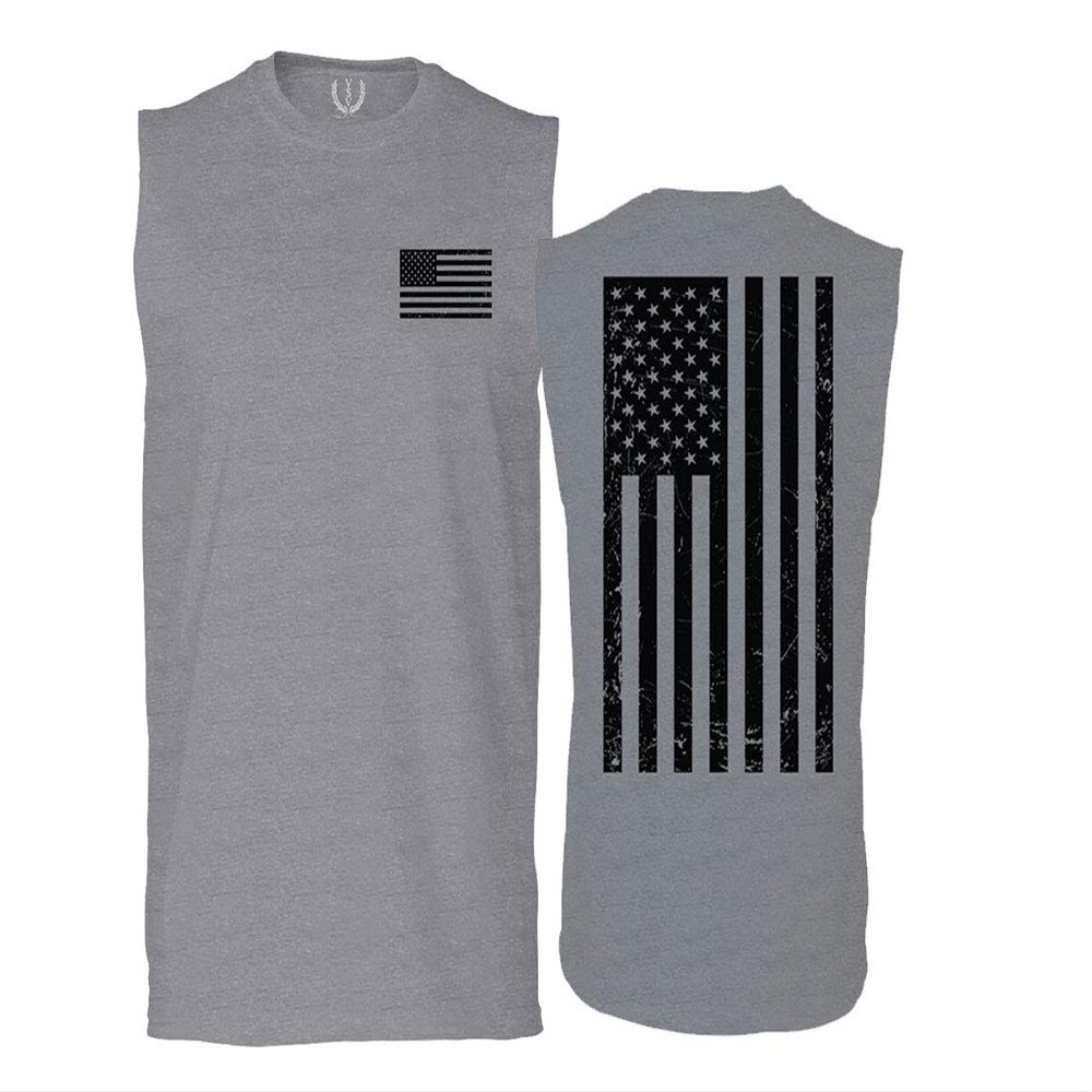 0021. Vintage American Flag United States of America Military us USA Patriotic Style Men's Muscle Tank Sleeveles t Shirt (Light Gray X Large)