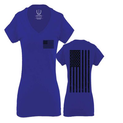 0021. Vintage American Flag United States of America Military us USA Patriotic Style for Women V Neck Fitted T Shirt (Royal Medium)