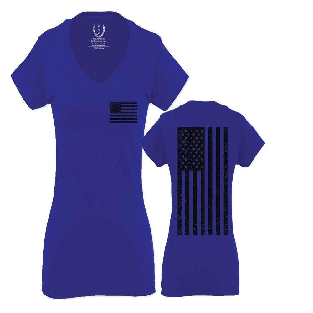 0021. Vintage American Flag United States of America Military us USA Patriotic Style for Women V Neck Fitted T Shirt (Royal Medium)