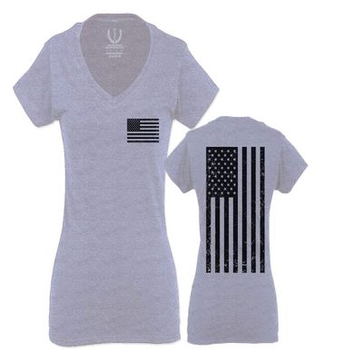 0021. Vintage American Flag United States of America Military us USA Patriotic Style for Women V Neck Fitted T Shirt (Light Gray Small)