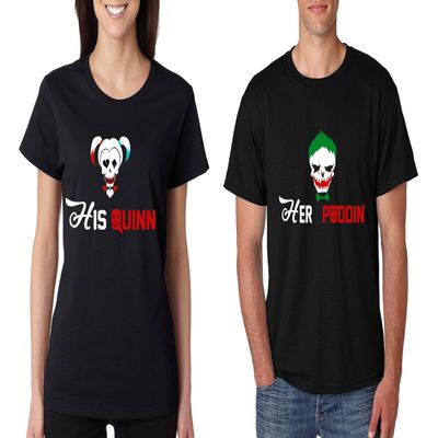 ALLNTRENDS Couple T Shirt His Quinn Her Poddin Matching Outfits for Halloween (Womens XL Mens S, Black)