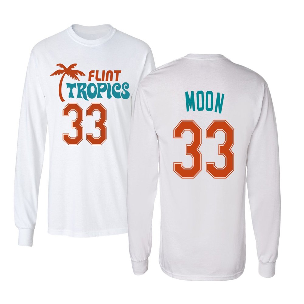 KINGS SPORTS Flint Tropics Jackie Moon 33 Semi Pro Basketball Men's Long Sleeve T Shirt (White,3XL)