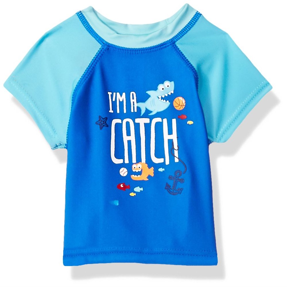 Swim Time Boys' Colorblock UPF 50+ Short Sleeve Rashguard, Navy I'm a Catch, X-Large