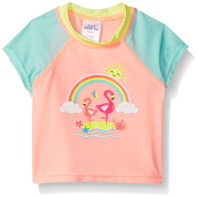 Swim Time Girls' Colorblock UPF 50+ Short Sleeve Rashguard, Coral Rainbow, X-Large