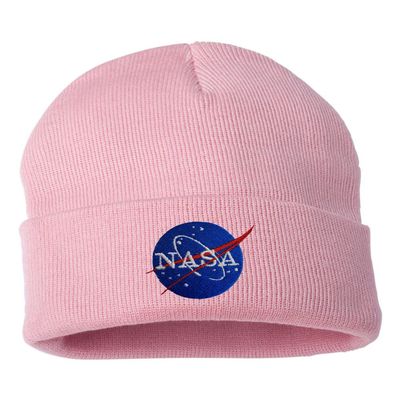 Go All Out One Size Pink Cuffed NASA Insignia Logo Embroidered Cuffed Knit Beanie Cap
