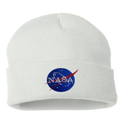 Go All Out One Size White Cuffed NASA Insignia Logo Embroidered Cuffed Knit Beanie Cap