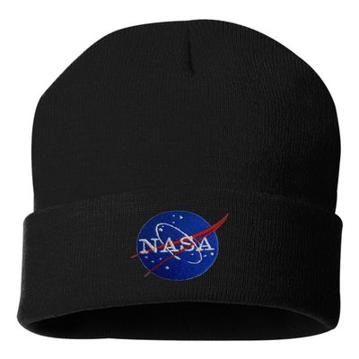 Go All Out One Size Black Cuffed NASA Insignia Logo Embroidered Cuffed Knit Beanie Cap