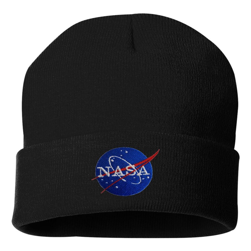 Go All Out One Size Black Cuffed NASA Insignia Logo Embroidered Cuffed Knit Beanie Cap