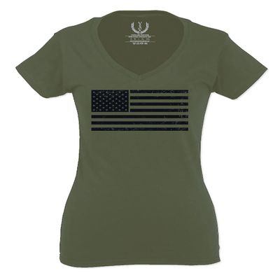 0023. United States of America Vintage American Flag USA us Military Patriotic Style for Women V Neck Fitted T Shirt (Olive Medium)