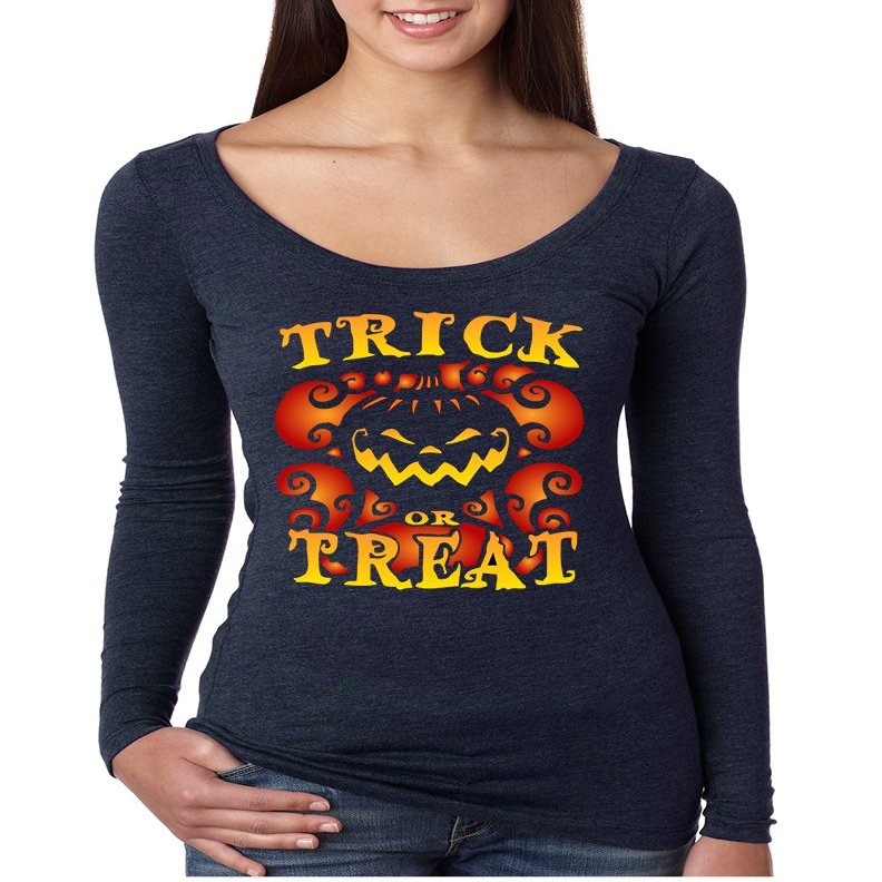 ALLNTRENDS Women's Shirt Trick Or Treat Cool Halloween Pumpkin Shirt (L, Vintage Navy)