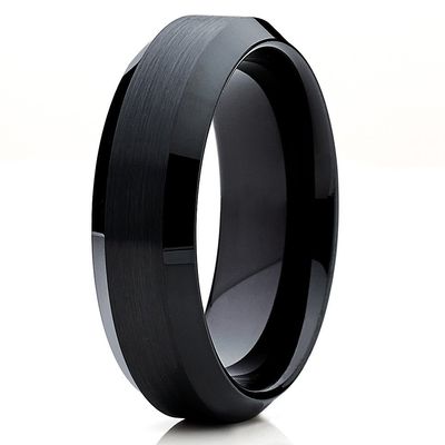 6mm Black Brushed Tungsten Carbide Wedding Ring Polished Beveled Edges Mens Womens Band 9.5 9.5