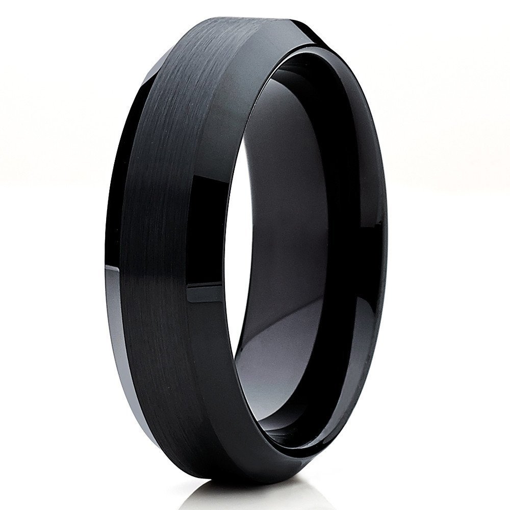6mm Black Brushed Tungsten Carbide Wedding Ring Polished Beveled Edges Mens Womens Band 9.5 9.5