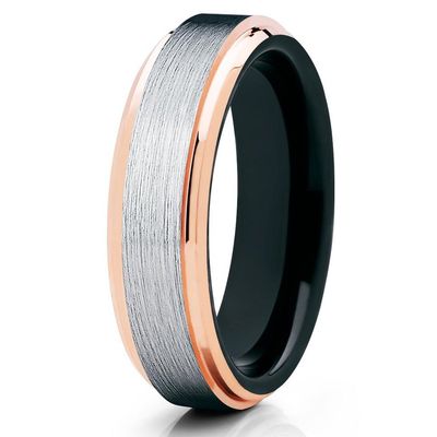 6mm Brushed Tungsten Carbide Wedding Band Rose Gold Stepped Edges Black Inlay Ring 12.5