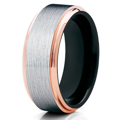 8mm Brushed Tungsten Carbide Wedding Band Rose Gold Stepped Edges Black Inlay Ring 12