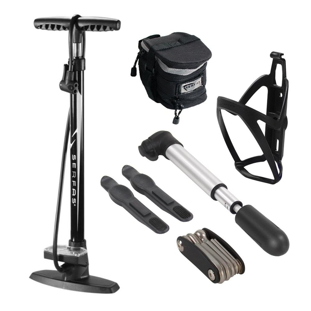 Serfas Bicycle Combo Kit w/Floor Pump/Mini Pump/Tools/Cage/Saddle Bag - CK-6