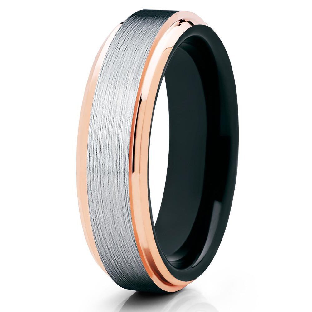 6mm Brushed Tungsten Carbide Wedding Band Rose Gold Stepped Edges Black Inlay Ring 7
