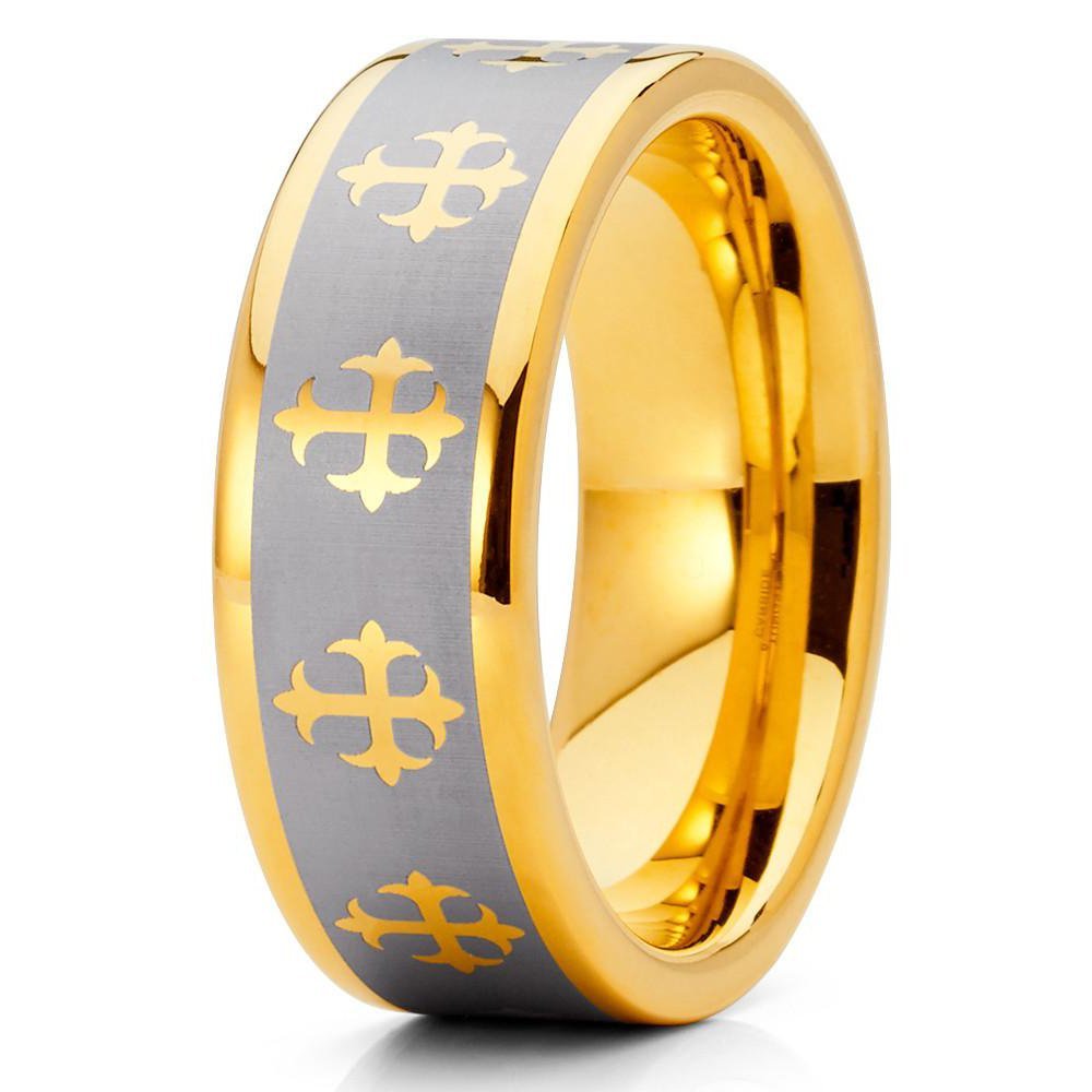 8mm Yellow Gold Tungsten Carbide Wedding Ring Cross Design Brushed Silver Finish Unisex Band 7