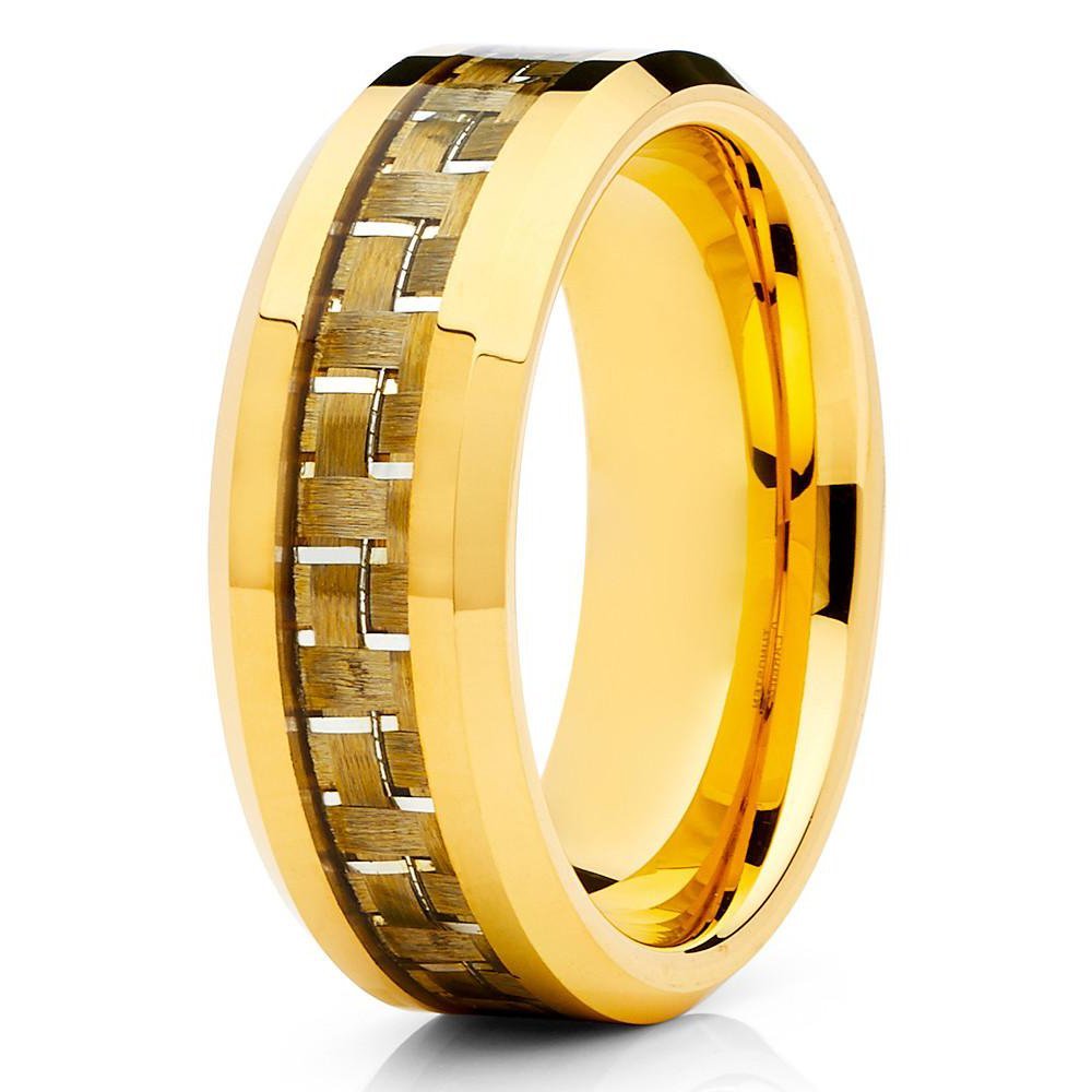 8mm Polished Yellow Tungsten Carbide Wedding Ring Carbon Fiber Inlay Stepped Edge Band 8