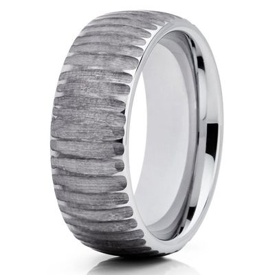8mm Silver Tungsten Carbide Wedding Band Woodgrain Design Dome Gunmetal Gray Ring 9