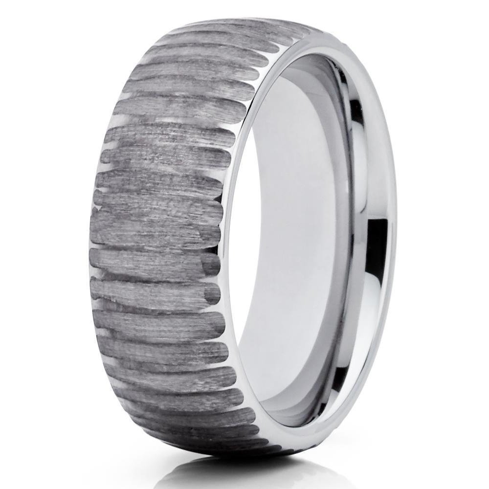 8mm Silver Tungsten Carbide Wedding Band Woodgrain Design Dome Gunmetal Gray Ring 9