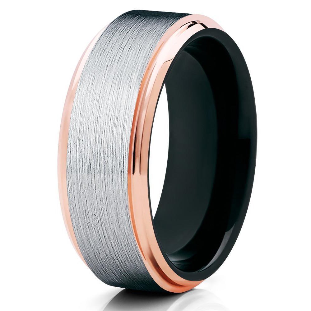 8mm Brushed Tungsten Carbide Wedding Band Rose Gold Stepped Edges Black Inlay Ring 5.5