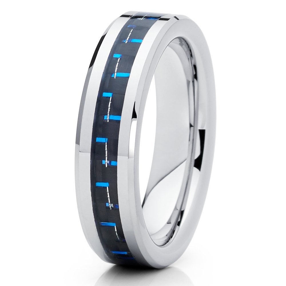 6mm Polished Silver Tungsten Carbide Wedding Ring Beveled Edge Blue Carbon Fiber Center Unisex Band 12