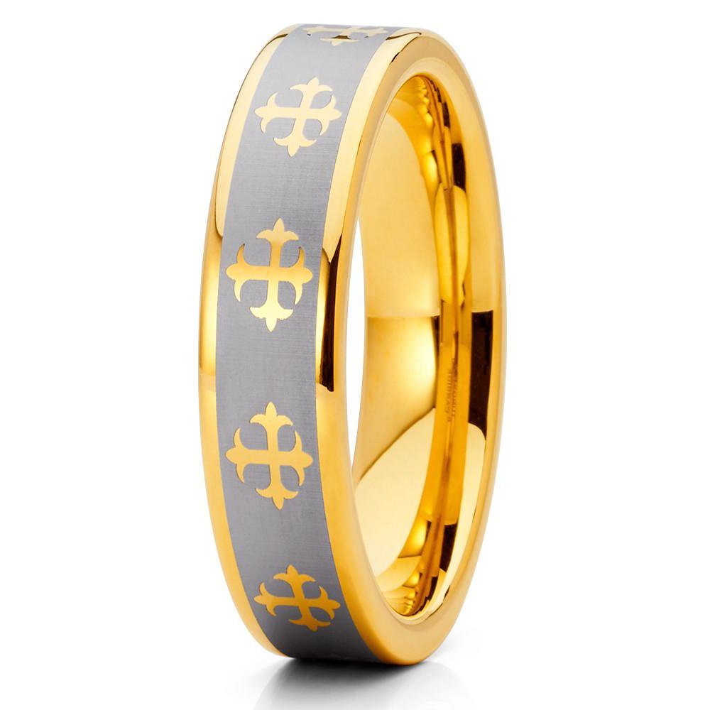 5mm Yellow Gold Tungsten Carbide Wedding Ring Cross Design Silver Finish Unisex Pipe Cut Band 11.5