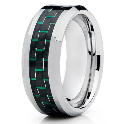 9mm Polished Silver Tungsten Carbide Wedding Band Green Carbon Fiber Center Mens Comfort Fit Ring 7
