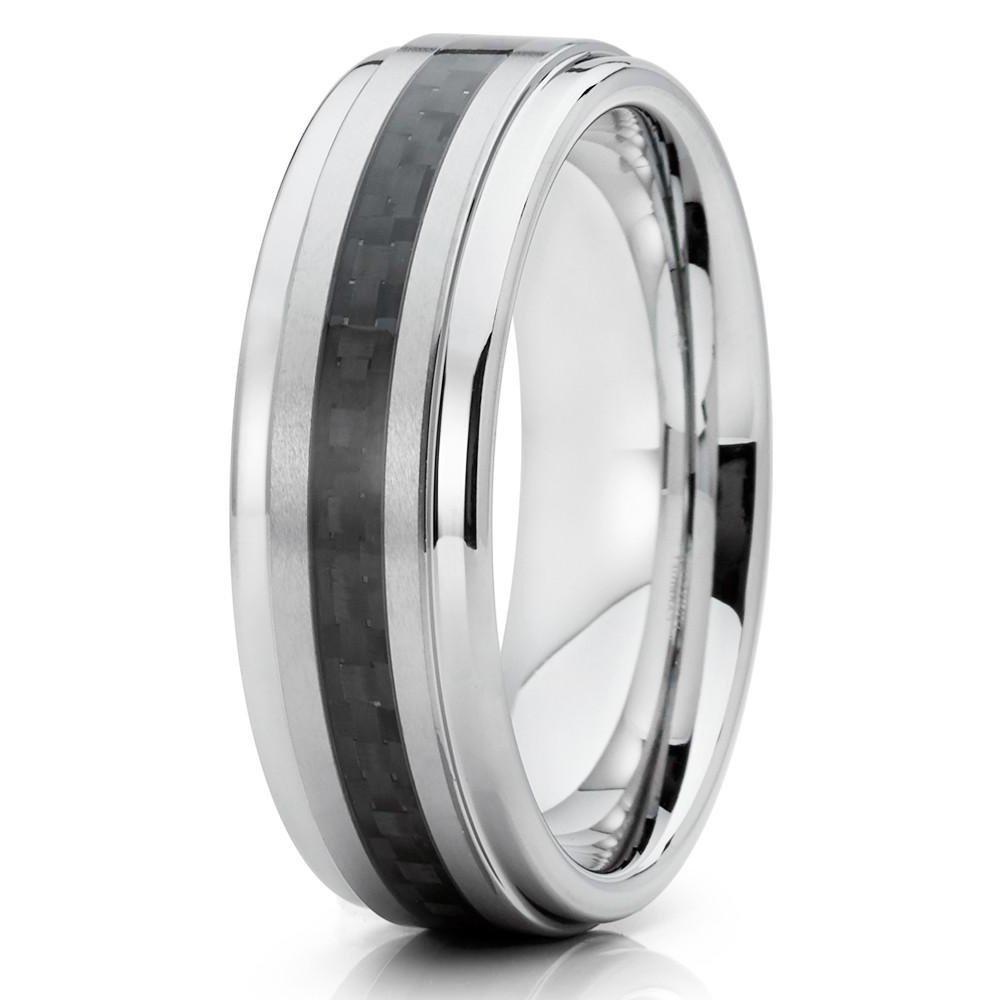 6mm Polished Silver Tungsten Carbide Wedding Band Stepped Edges Black Carbon Fiber Center Ring 11.5