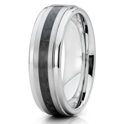 6mm Polished Silver Tungsten Carbide Wedding Band Stepped Edges Black Carbon Fiber Center Ring 10