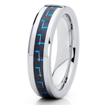 6mm Polished Silver Tungsten Carbide Wedding Ring Beveled Edge Blue Carbon Fiber Center Unisex Band 10.5