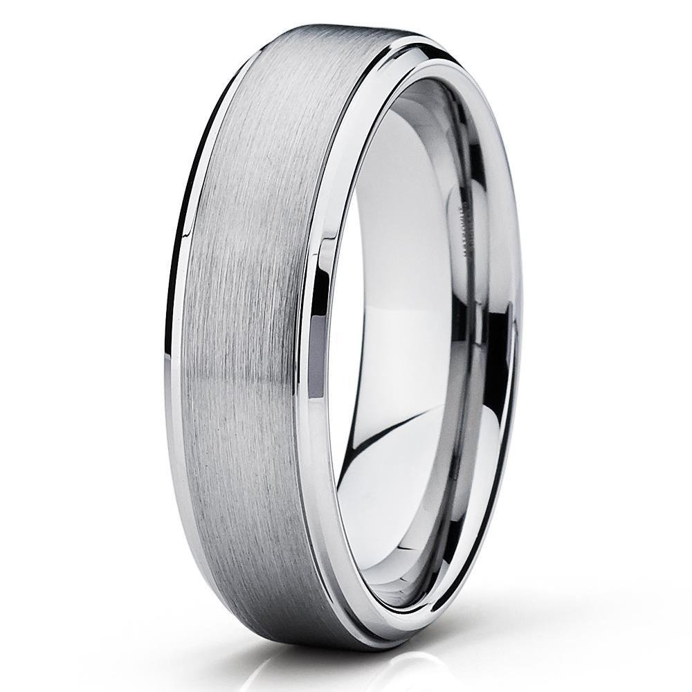 6mm Brushed Silver Tungsten Carbide Wedding Band Stepped Edge Polished Mens Womens Ring 10.5